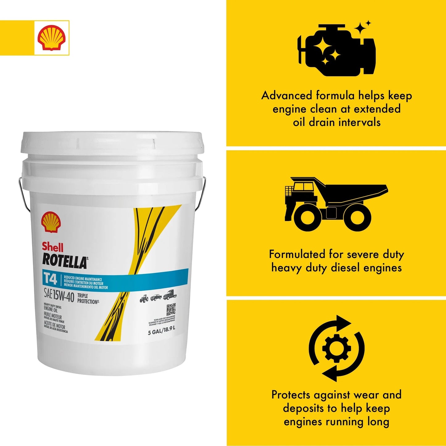 Shell T4 Triple Protection 15W-40 Diesel Engine Oil, 5 Gallon